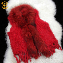New Fashionable Red Color Knitted Women Rabbit Fur Vest With High Raccoon Fur Collar